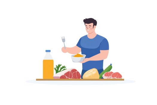 A man is preparing a meal, holding a fork, with various fresh ingredients displayed around him, including meat, vegetables, and a drink. png