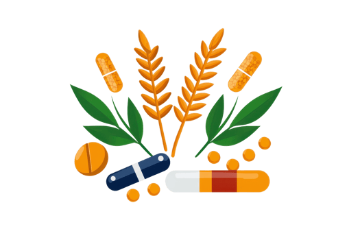 A collection of various capsules, tablets, and wheat stalks arranged with leafy elements. png
