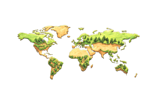 A colorful, stylized world map highlighting continents, forests, and diverse landscapes in vibrant green and earthy tones. png