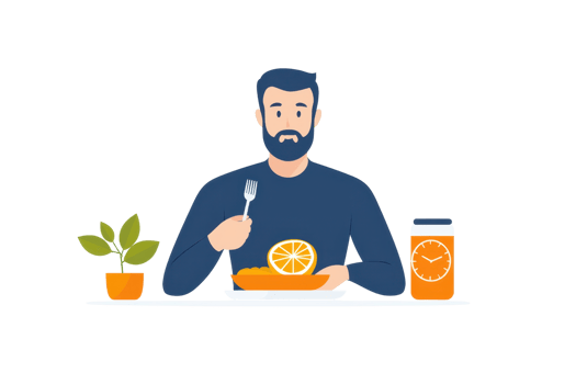 A man with a beard enjoys a meal featuring a slice of orange on his plate, accompanied by a jar of orange juice and a small potted plant. png
