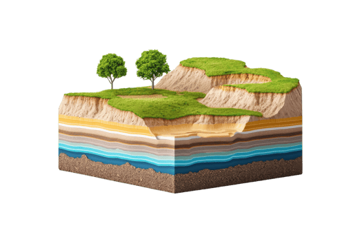 A layered geological cross-section featuring green hills, soil strata, and two trees on the top layer. png