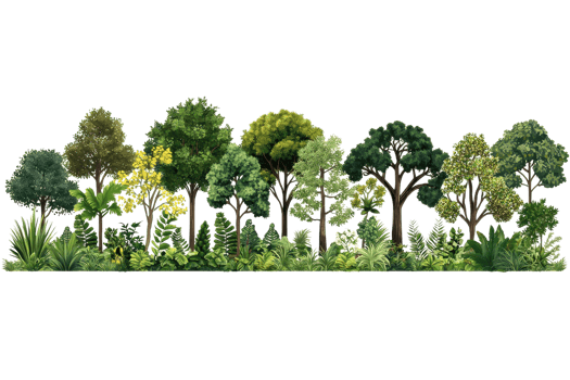 A variety of lush green trees with diverse foliage, showcasing different shapes, sizes, and colors in a dense arrangement. png