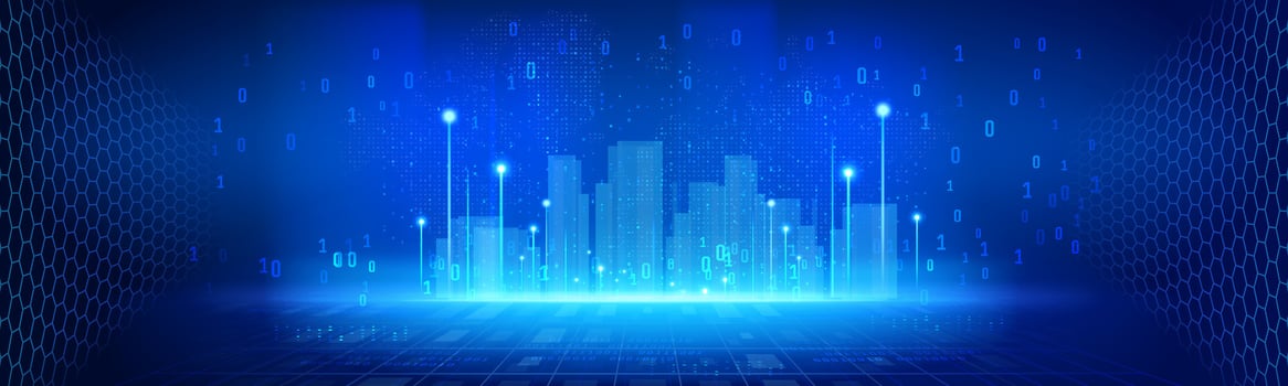 blue abstract digital city technology background with binary number system and digital world map, security, technology, financial, business vector