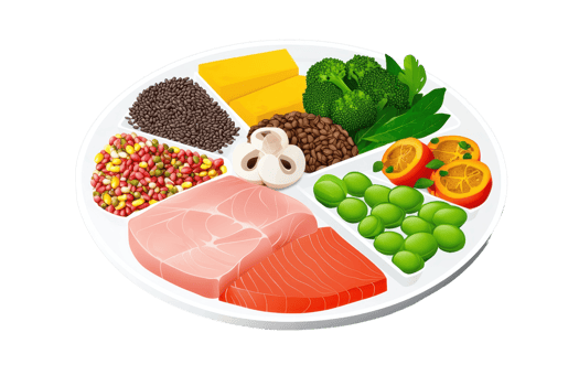 A colorful assortment of healthy foods including fish, vegetables, grains, and legumes arranged neatly on a circular plate. png