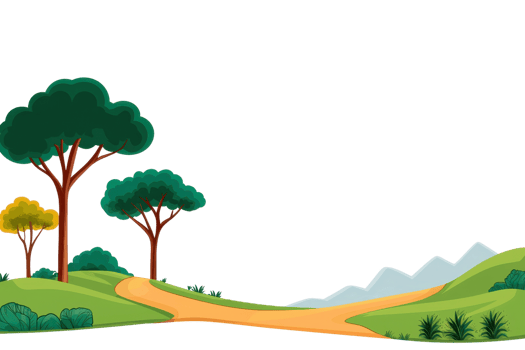 A stylized landscape featuring vibrant trees, a winding path, and distant mountains, creating a serene outdoor scene. png