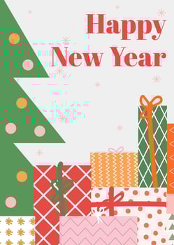 New Year Christmas Birthday greeting cards with gift boxes and Christmas tree. Winter holiday design for greeting card, invitation discount voucher, advertising vector