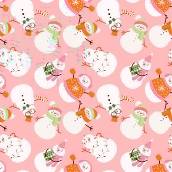 Merry Christmas and happy new year pattern with cute snowman in winter costume. Holiday cartoon and character in scarf and hat flat style on pink background. Print, wrapping paper, wallpaper, card vector