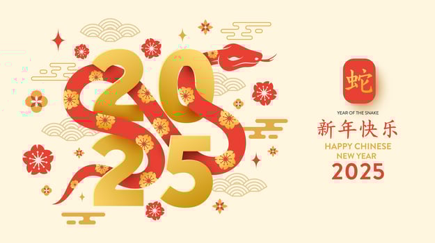 Happy Chinese New Year 2025 Snake Zodiac Banner with Red Asian Snake,Golden Numbers,Traditional Asian Symbols and Festive Typography for Chinese New Year of the Snake and Lunar New Year Celebration vector