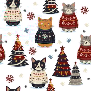 bright christmas cats among fir trees. seamless pattern vector