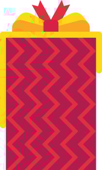Festive wrapped gift box featuring a vibrant red and orange zigzag pattern, topped with an elegant yellow ribbon bow, perfect for celebrations, holidays, birthdays, or special occasions vector