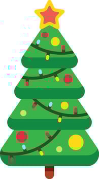Stylized green christmas tree with colorful lights and baubles and a red and yellow star on top, celebrating christmas time and winter holidays vector