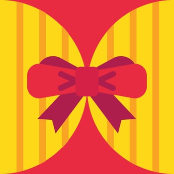 Gift box wrapping paper featuring vibrant yellow and orange vertical stripes, adorned with a striking red and purple bow, creating a lively and festive atmosphere for celebrations vector