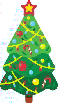 Christmas tree decorated with star, balls, candy canes and lights, is standing up vertically on white background, representing holidays, winter and christmas celebrations vector