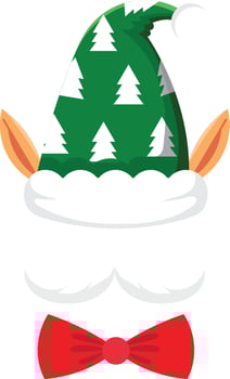 Christmas elf wearing a whimsical green hat adorned with white Christmas trees and a cheerful red bow tie, adding festive charm to holiday illustrations and greeting cards vector