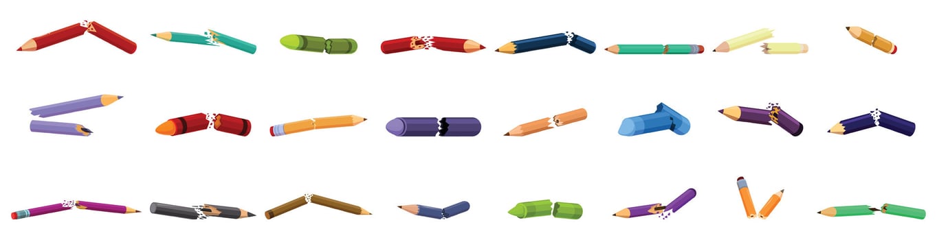 Broken pencil icons set. Broken pencils showing stress, pressure, and creative block icons set vector