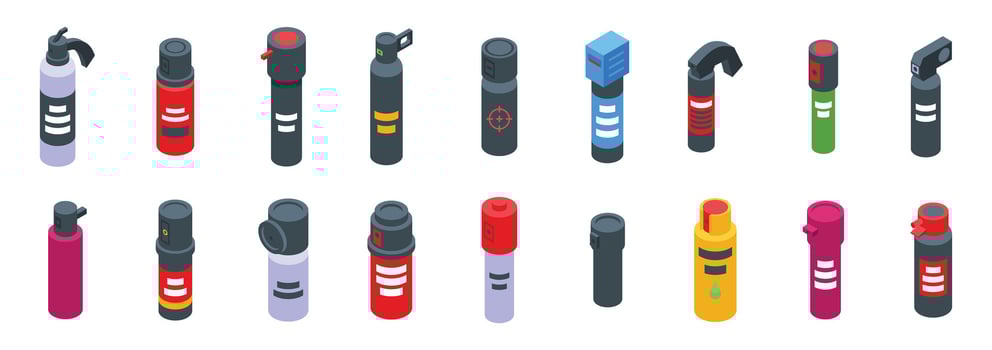 Pepper spray icons set. Pepper sprays protecting from attackers, isometric collection of self defense tools vector