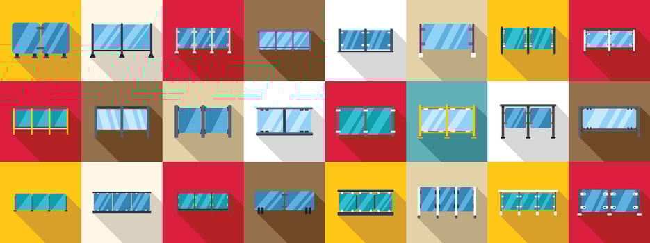 Glass banister balcony icons set. Glass panel railing protecting from falling, modern balcony fence or terrace barrier icons set vector