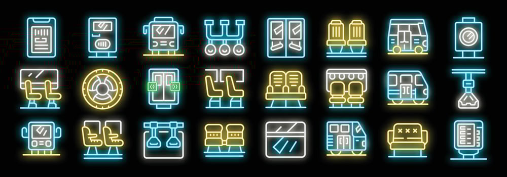 Train interior and exterior showing seats, doors, windows, ticket, and bus in neon style vector