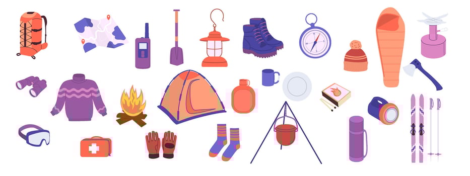 A set of winter equipment for traveling. Collection for active winter vacation in mountains. Winter items for tourism including hiking skis, hiking boots, shovel, binoculars, sweater, thermos, map. vector