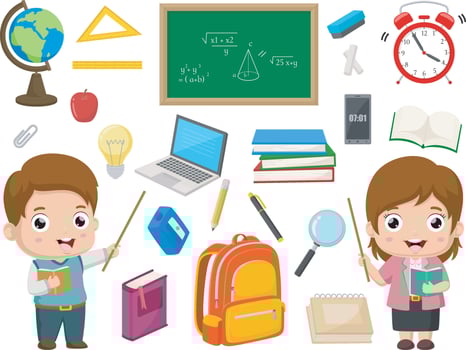 Cute children cartoon with school supplies vector