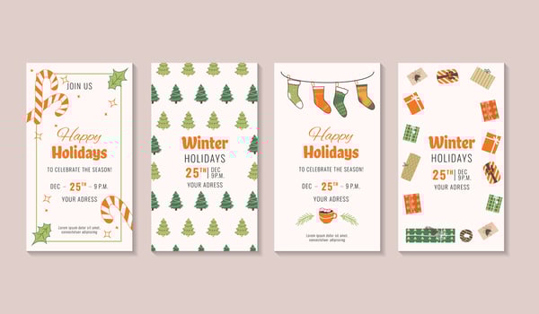 Festive Christmas social media stories set. Colorful banners with new year elements. Design with tree gift boxes, socks, candy cane. For event invitation, discount voucher, advertising, greeting card vector