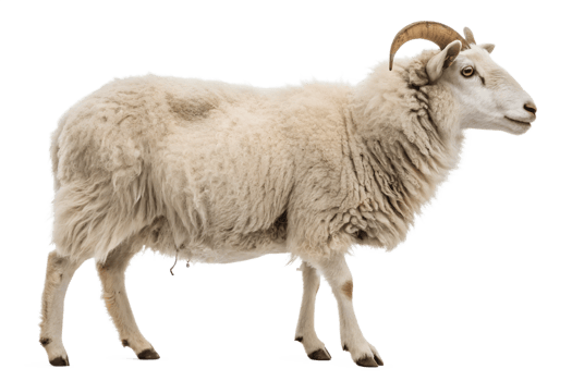 Wooly sheep with curved horns stands in profile png