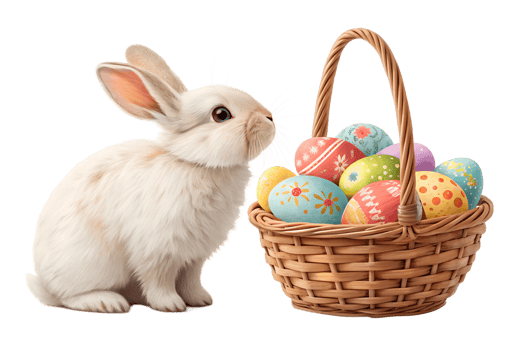 Cute bunny with Easter eggs in a basket png
