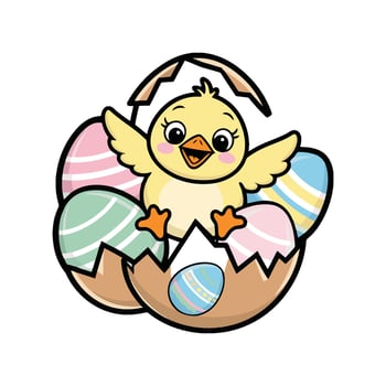 Easter chick in egg with colorful eggs illustration vector