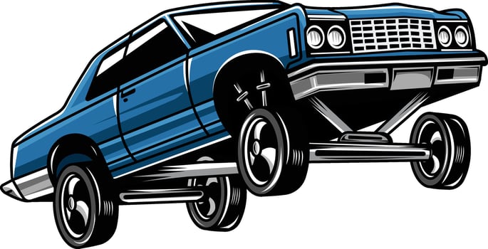 Retro American Blue Lowrider Muscle Bouncing Car Cartoon Illustration vector