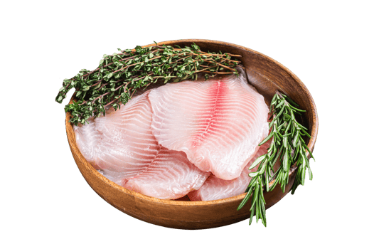 Raw tilapia white fish fillet in a wooden plate with rosemary and thyme. Wooden background. Top view png