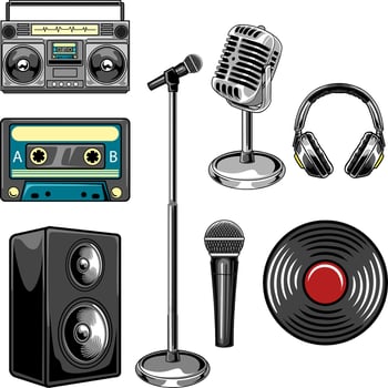 Set of Radio, Microphone, Headphones, Casette, Vinyl, Speaker, and Music Festival Elements Illustration vector