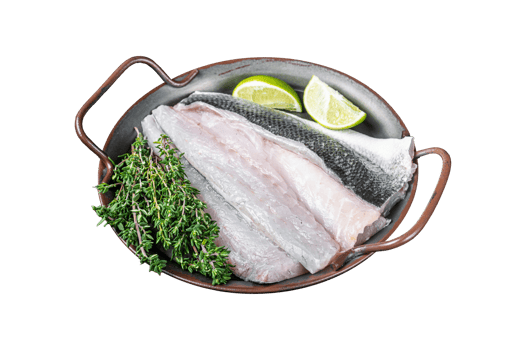 Raw Sea Bass fillet, Labrax fish with herbs and lime. Black background. Top view png