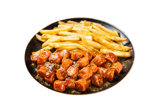 German currywurst meal, curry wurst with french fry served in a plate. Wooden background. Top view png