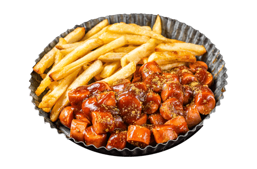 German fastfood currywurst meal, curry wurst with french fry. Black background. Top view png