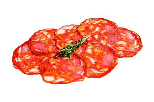 Sliced chorizo salami. Spanish traditional chorizo sausage. Black background. Top view png