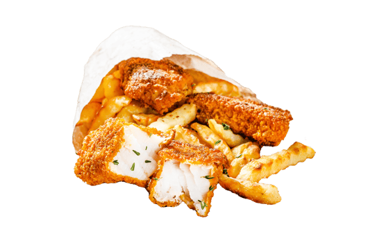 Fish and Chips, british fast food served with Tartar sauce. Gray background. Top view png