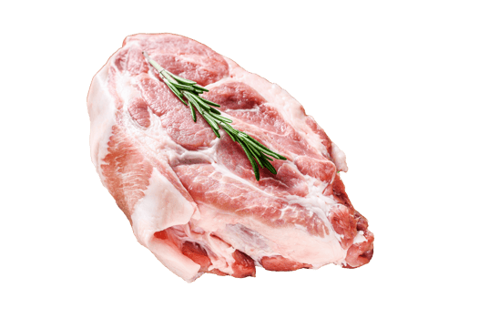 Raw pork neck chop meat with herb leaves and spices. White background. Top view png