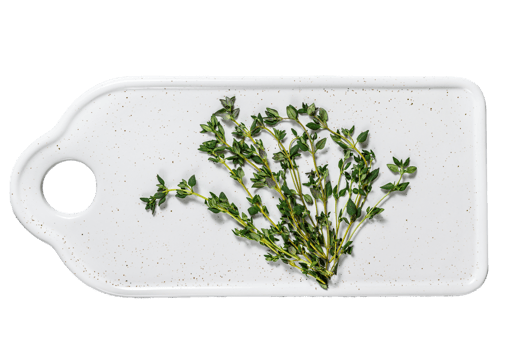 Sprigs of thyme on a white cutting Board. Gray background. Top view. Space for text png