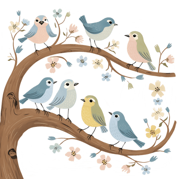 birds on a tree branch with flowers and leaves png