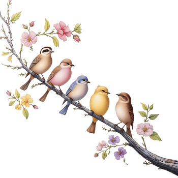 birds on a branch with flowers and leaves png