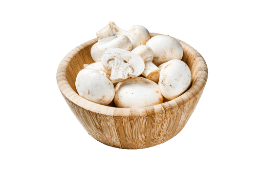 Raw white mushrooms in a bamboo bowl. Gray background. Top view. Space for text png