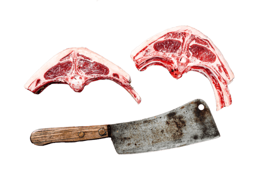 Raw lamb cutlets fresh cut with meat cleaver. Black background. Top view png