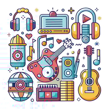 music and audio equipment icons in a flat line style vector
