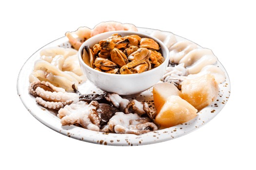 Steamed seafood mix, sea cocktail. Black background. Top view png