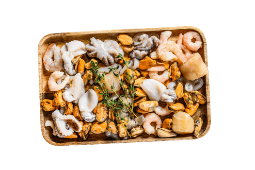 Raw sea seafood cocktail in a wooden bowl. Gray background. Top view png