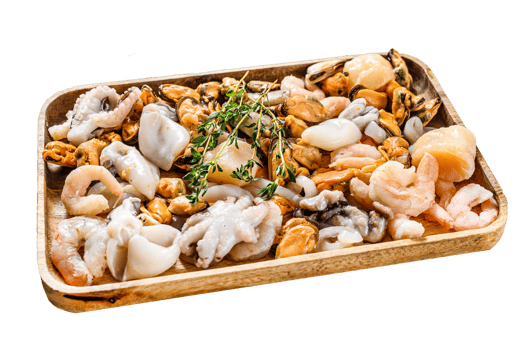 Raw seafood mix in a wooden bowl. Gray background. Top view png