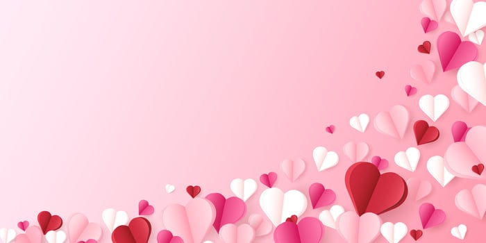 Paper hearts hover on a pink background. Space for text, copy space. Postcard for Valentine's Day, Mother's Day, March 8. vector