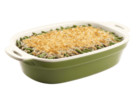Green bean casserole, tender green beans in creamy mushroom sauce, crispy fried onion topping, steaming in casserole dish, isolated png