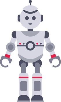 Gray and red robot standing with a smile on its face, representing artificial intelligence, automation, and future technologies in a minimalist and colorful flat design vector