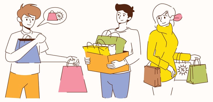 A man is holding a green bag. A woman is holding a yellow bag vector
